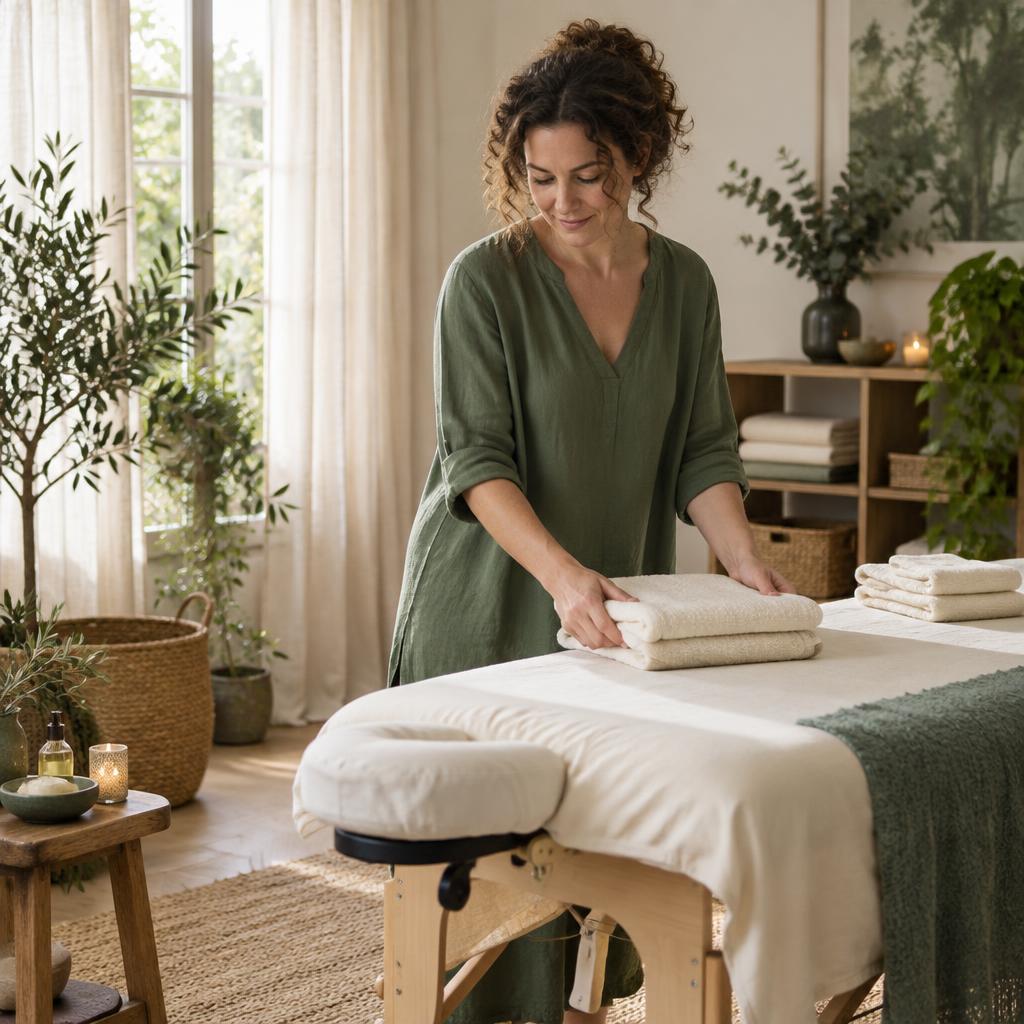 Une praticienne prépare sa salle de soins