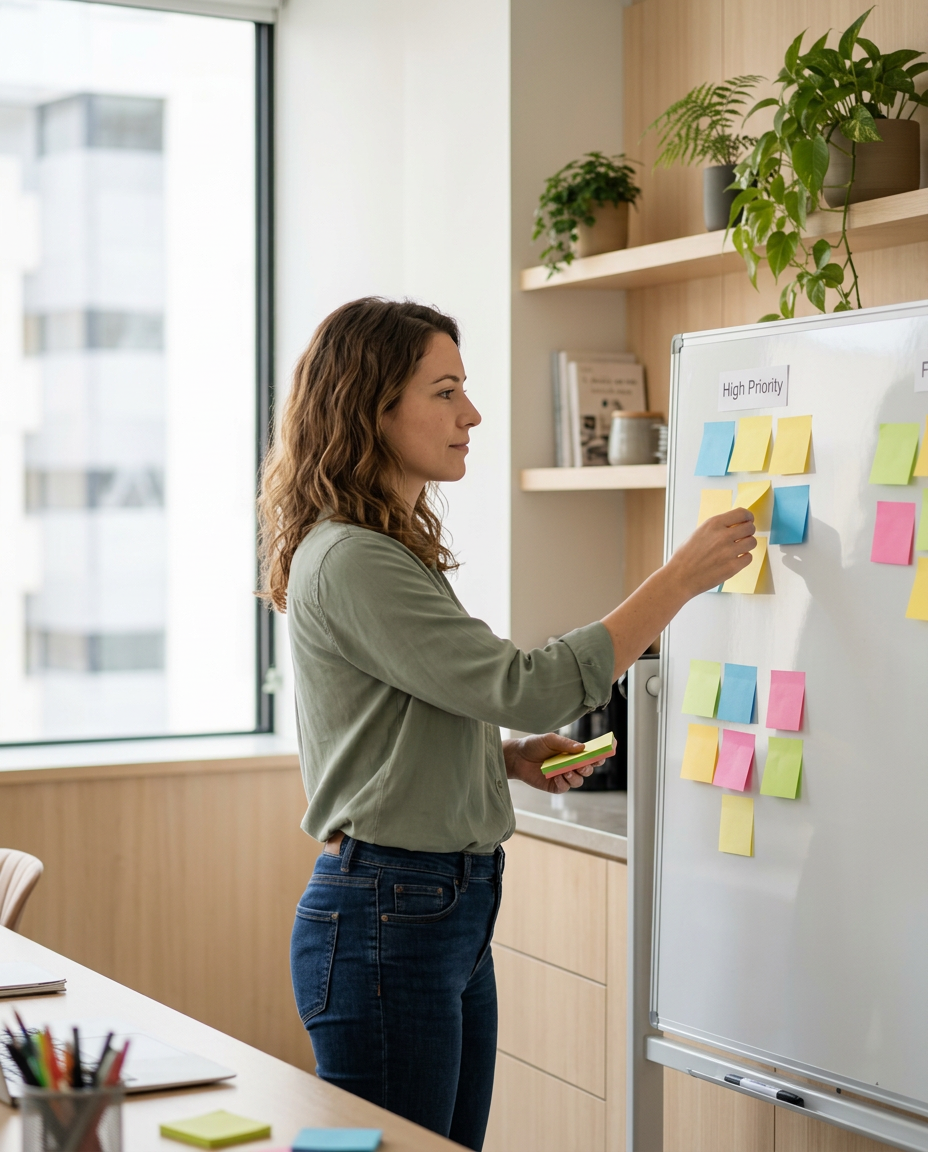Une salariée organise ses idées et ses priorités