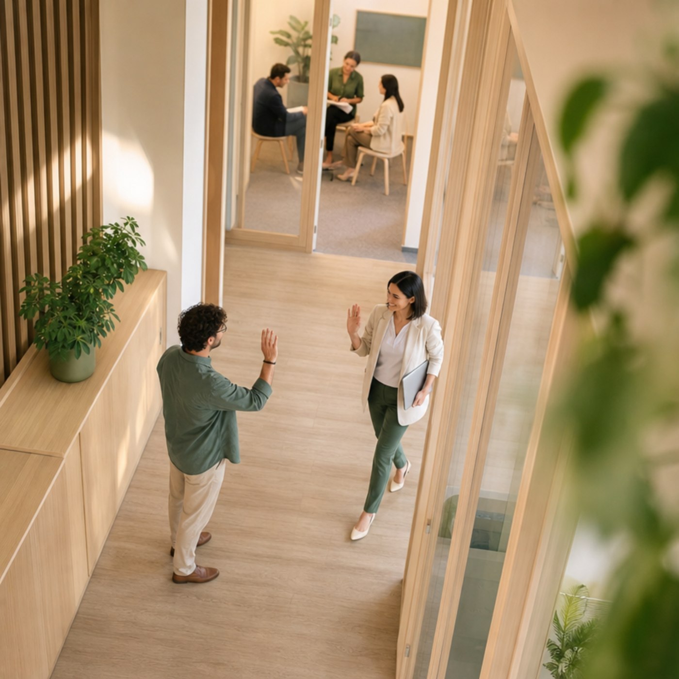 Deux collègues échangent au travail
